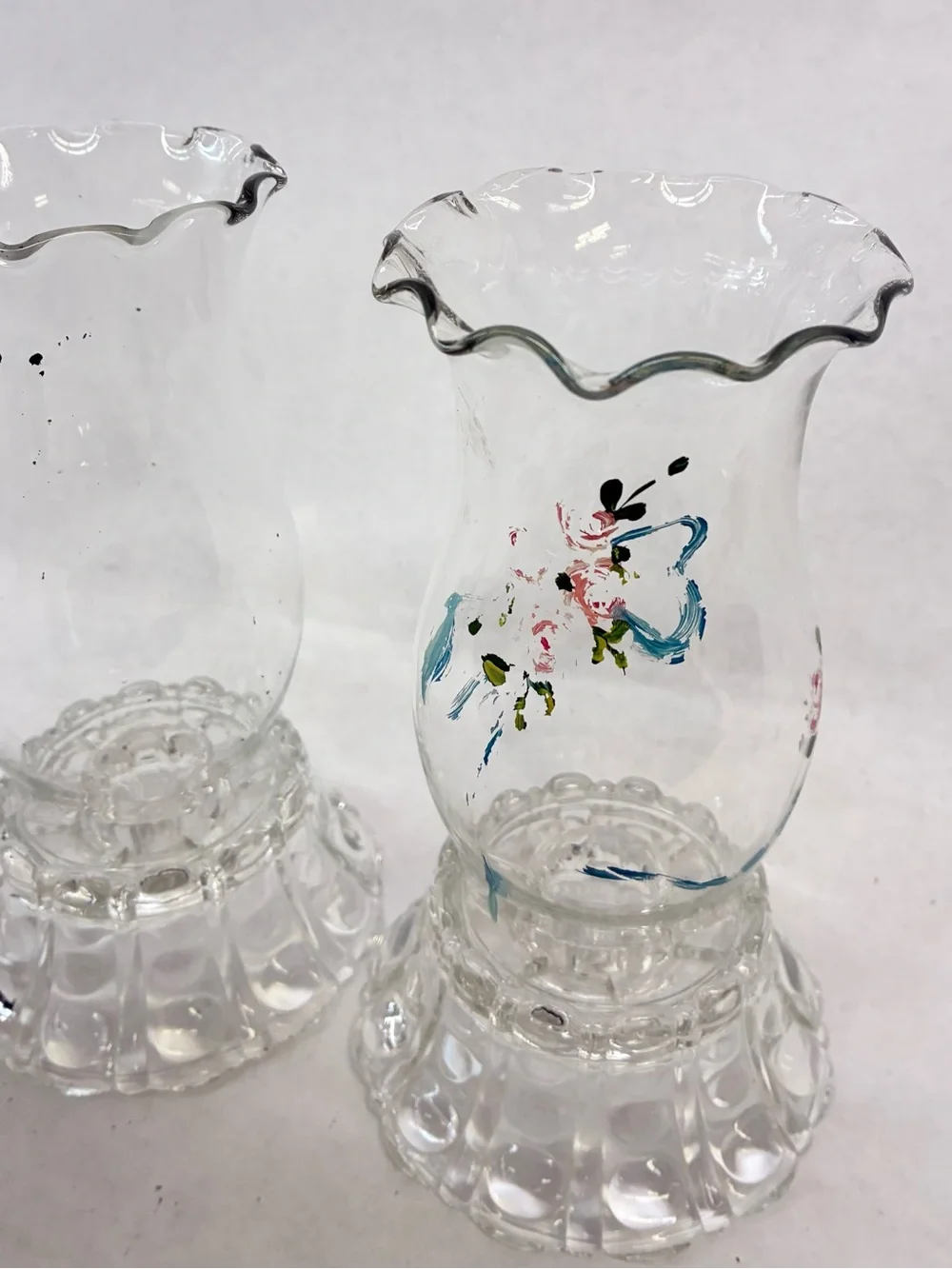 Vintage Indiana Glass Painted Hurricane Shades w/ Candle Holder Bases Lot of 2